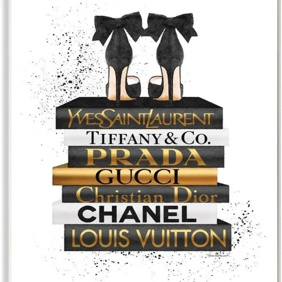 Wall decor Black Heels White Gold Bookstack Glam Fashion Design, 17.5 x 21.5”